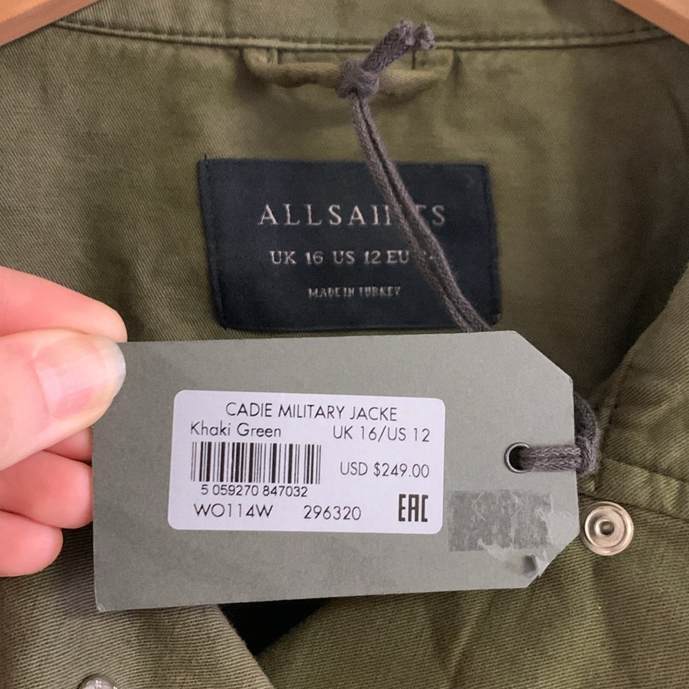 NWT All Saints Cadie Military Jacket in Khaki Green Cropped Linen Jacket Size 12 - Picture 4 of 8